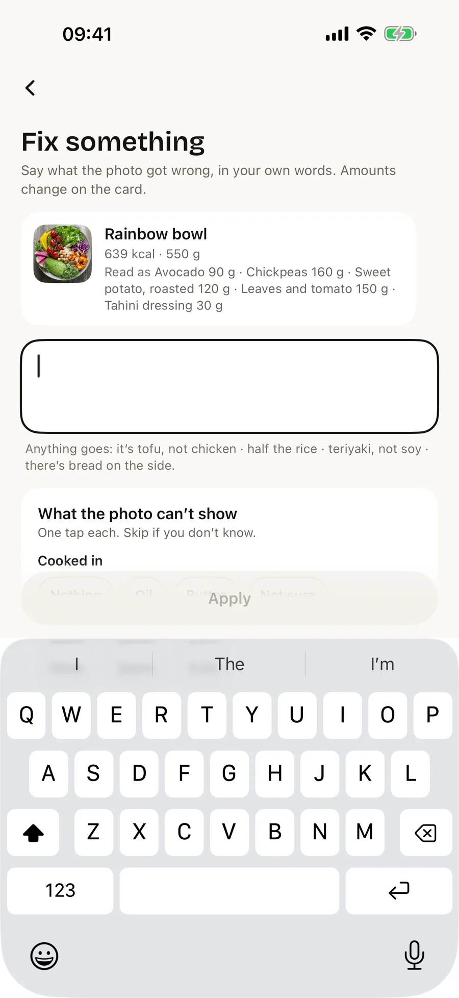 Fix something: a text field over the plate card, with the keyboard up. ‘Say what the photo got wrong, in your own words. Amounts change on the card.’